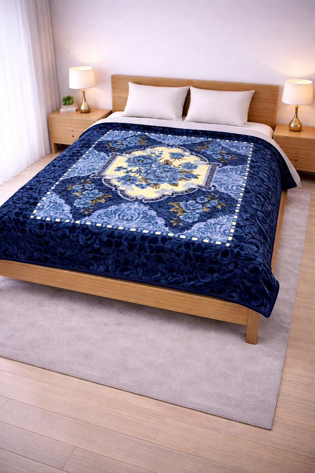 Butterfly Double Bed Double Ply Blanket - Navy