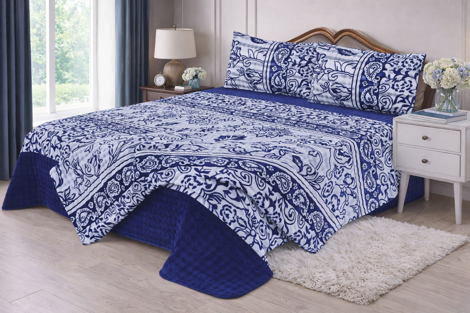 Flannel China Comforter 4pcs - Blue