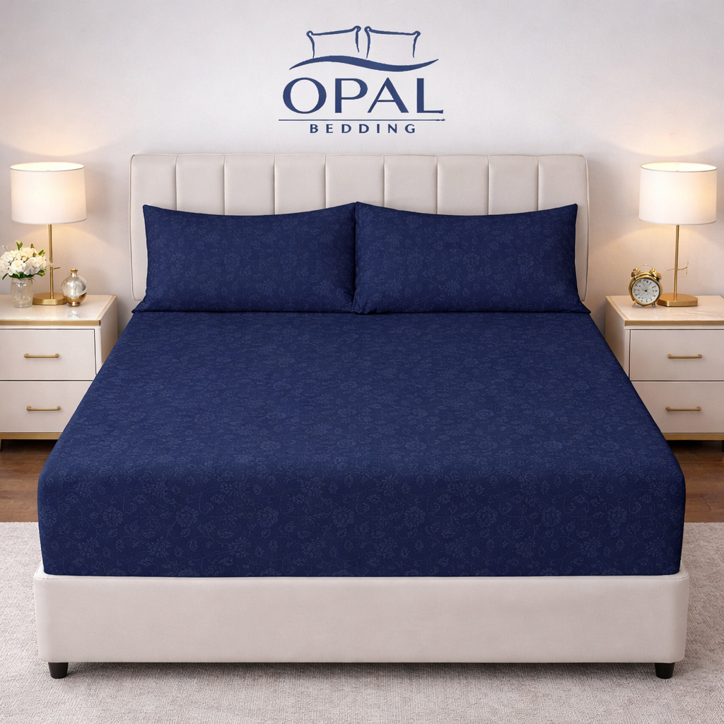 Navy Floral Satin Cotton Fitted Bedsheet - King Size