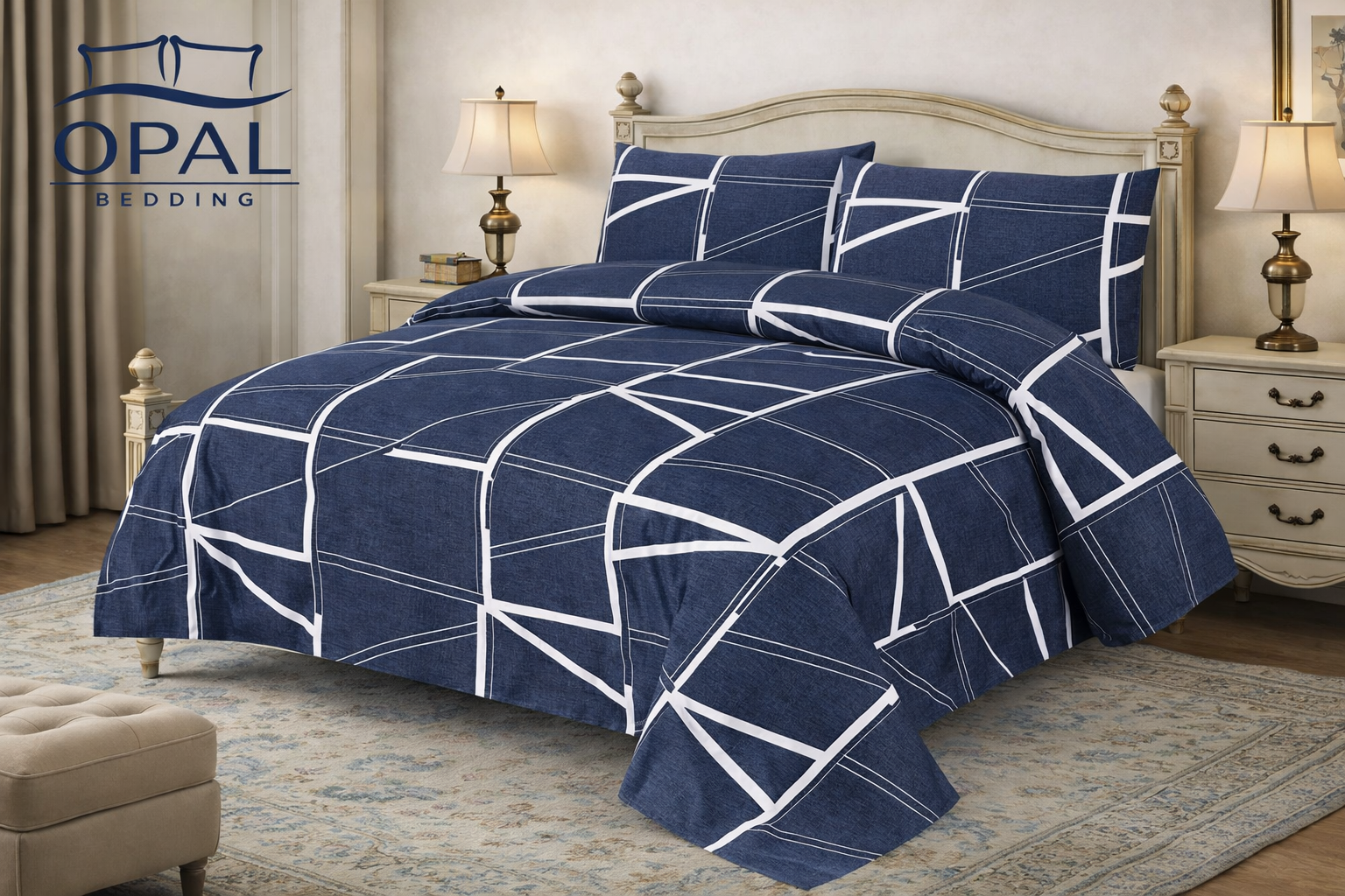 Micro Cotton 4-Piece Comforter Set - Navy Modern Grid