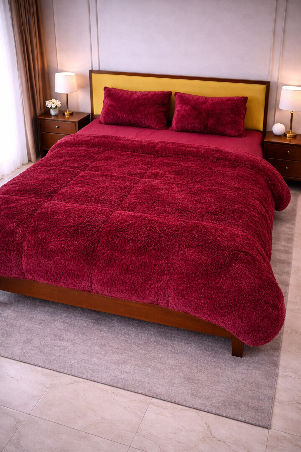 Premium Shaggy Fur 4-Piece Bed Set - Maroon
