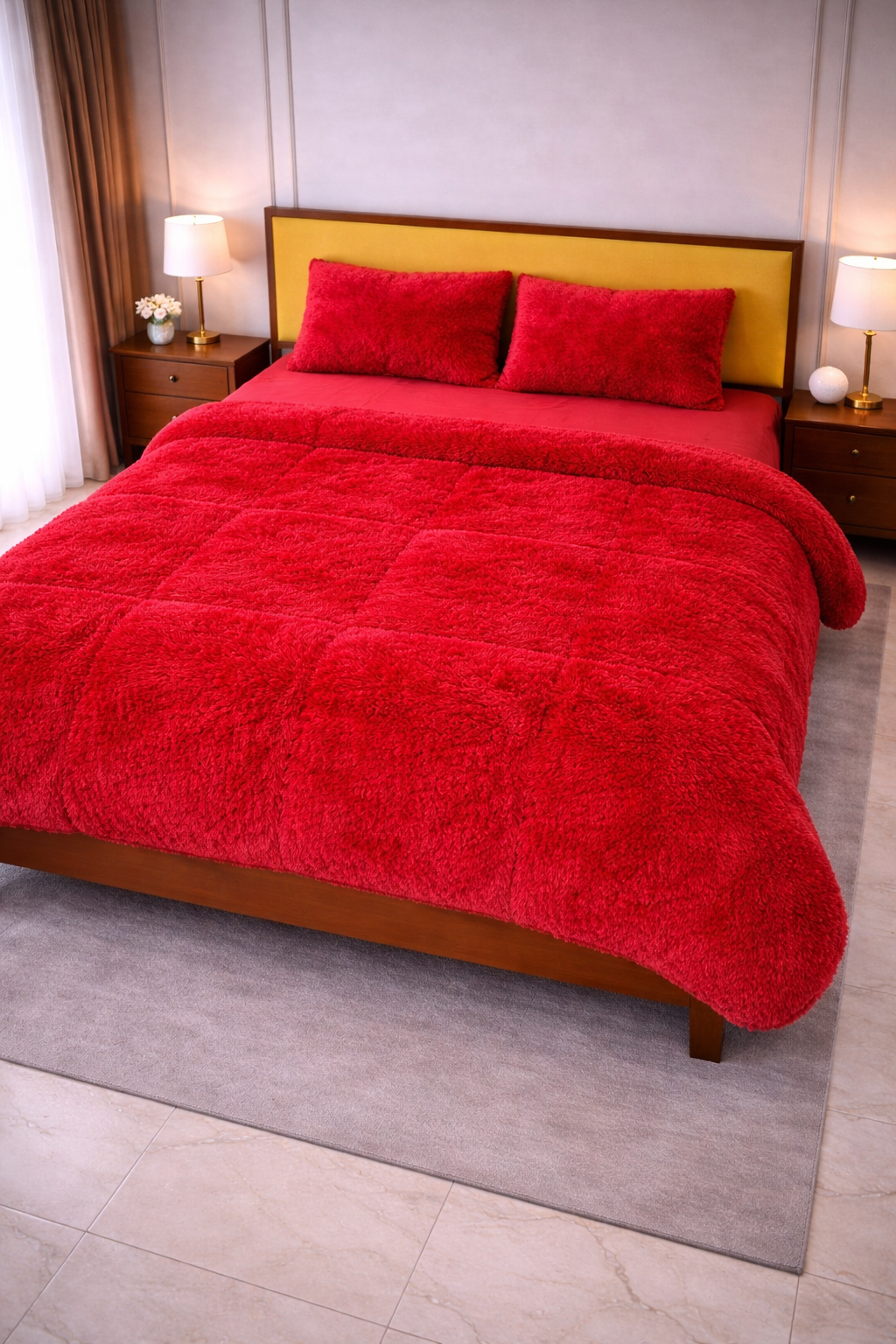 Premium Shaggy Fur 4-Piece Bed Set - Deep Red