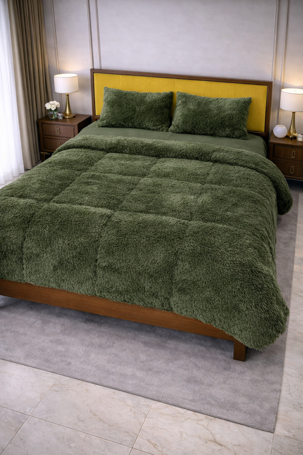 Premium Shaggy Fur 4-Piece Bed Set - Olive