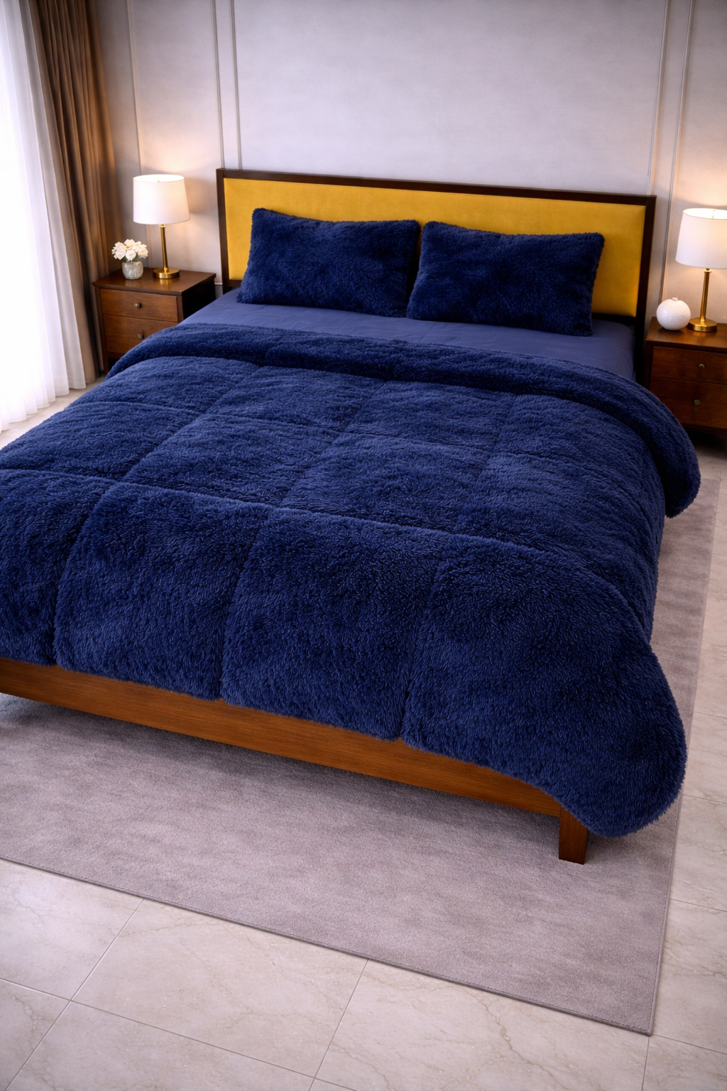 Premium Shaggy Fur 4-Piece Bed Set - Navy