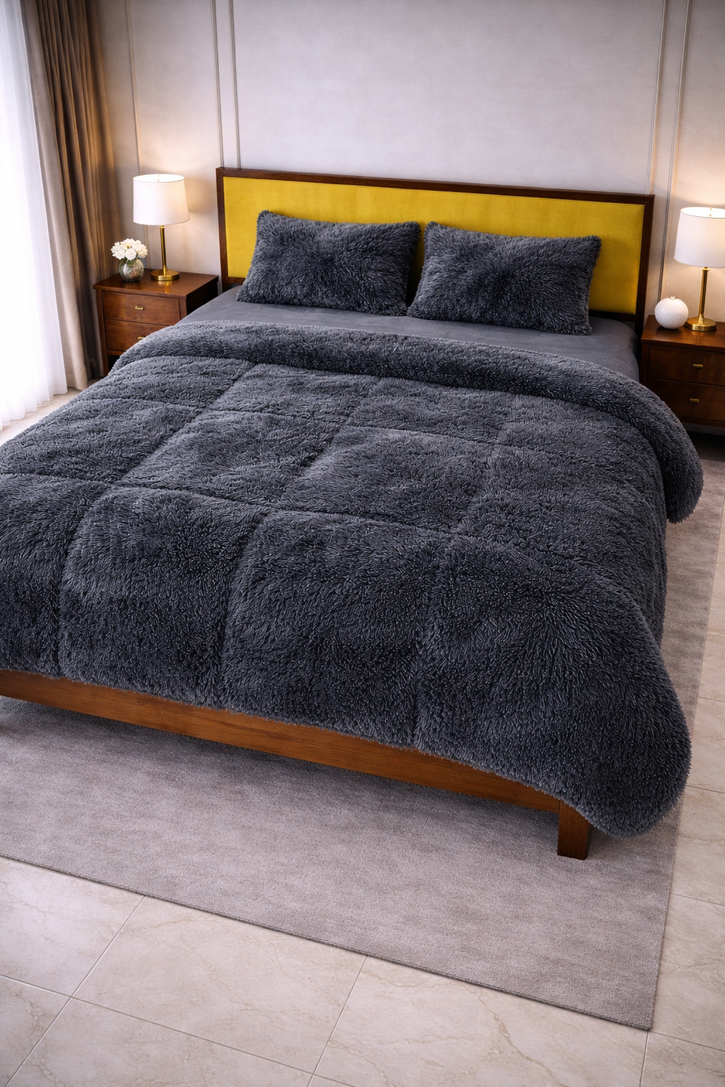 Premium Shaggy Fur 4-Piece Bed Set - Ash Grey