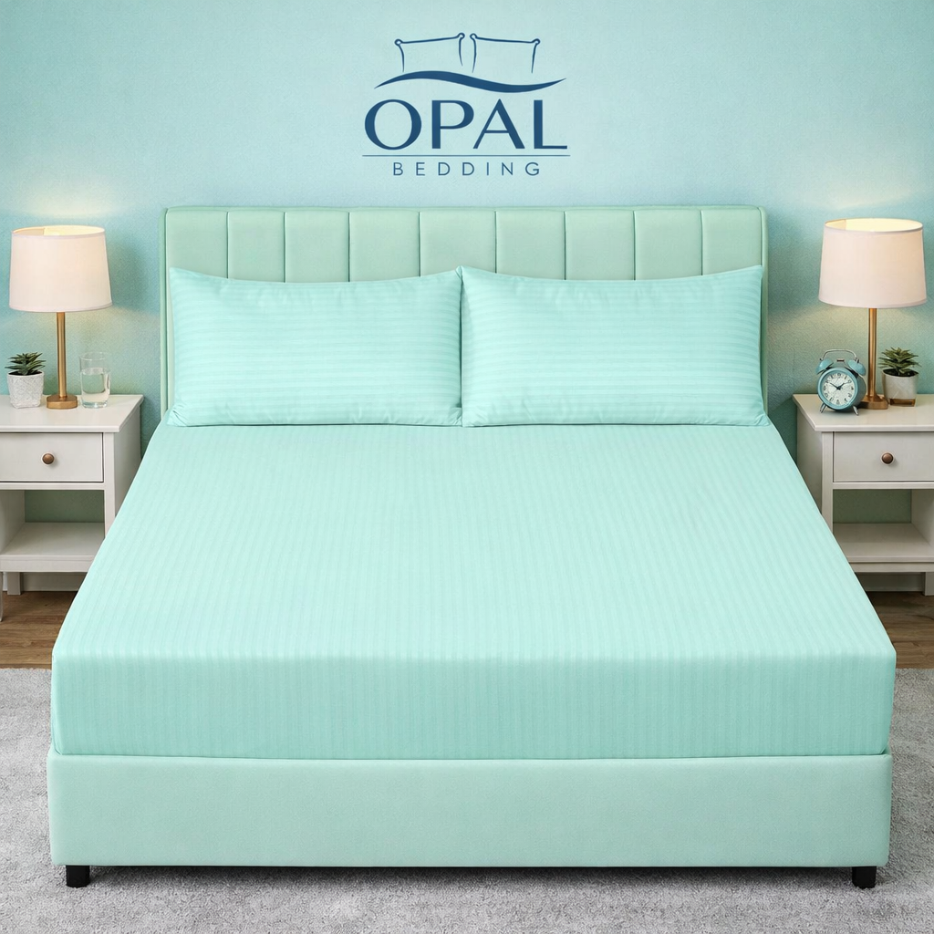 Teal Stripe Satin Cotton Fitted Bedsheet - King Size